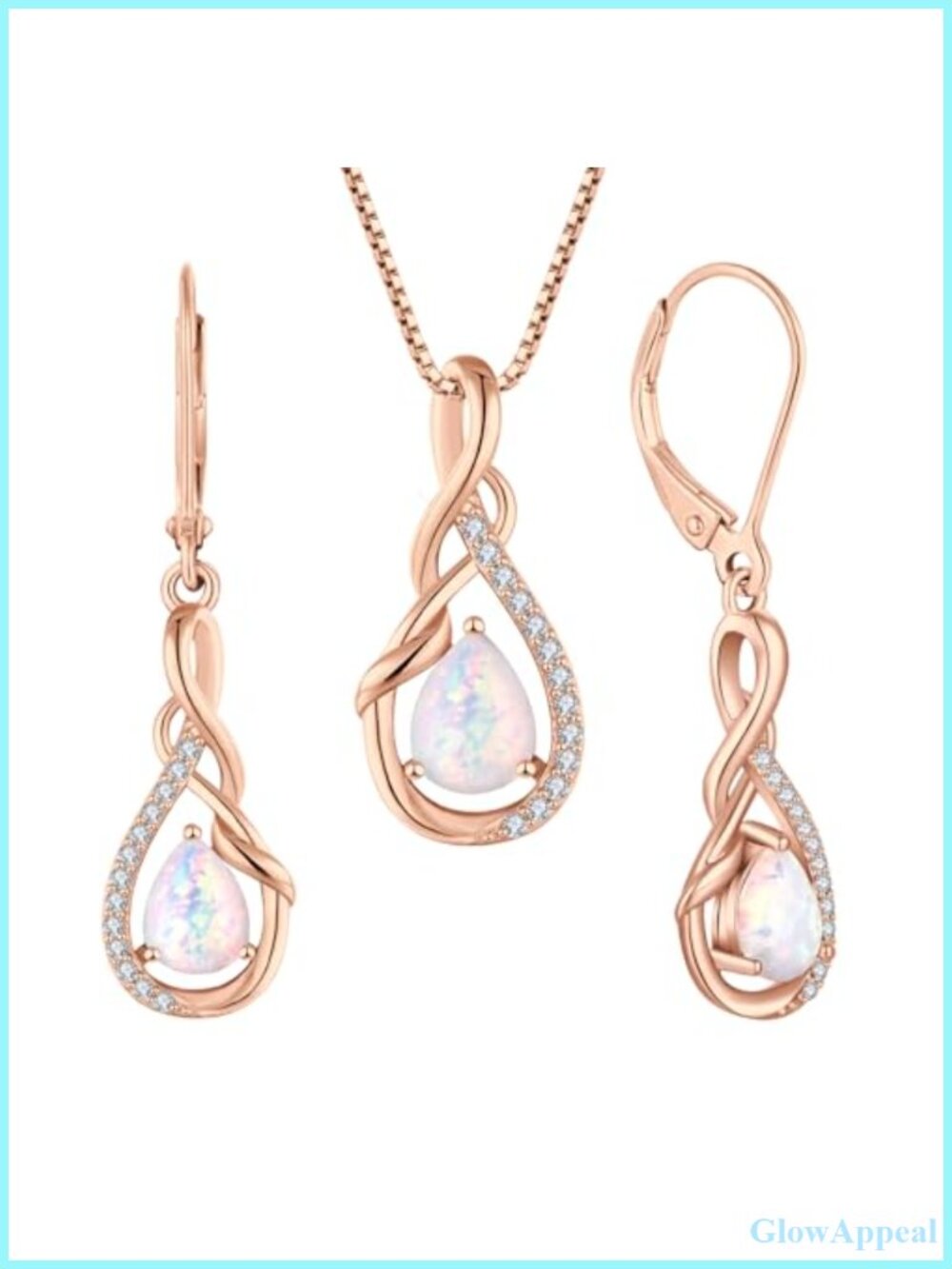 925 Sterling Silver Opal Necklace Earrings Set Infinity Teardrop Jewelry